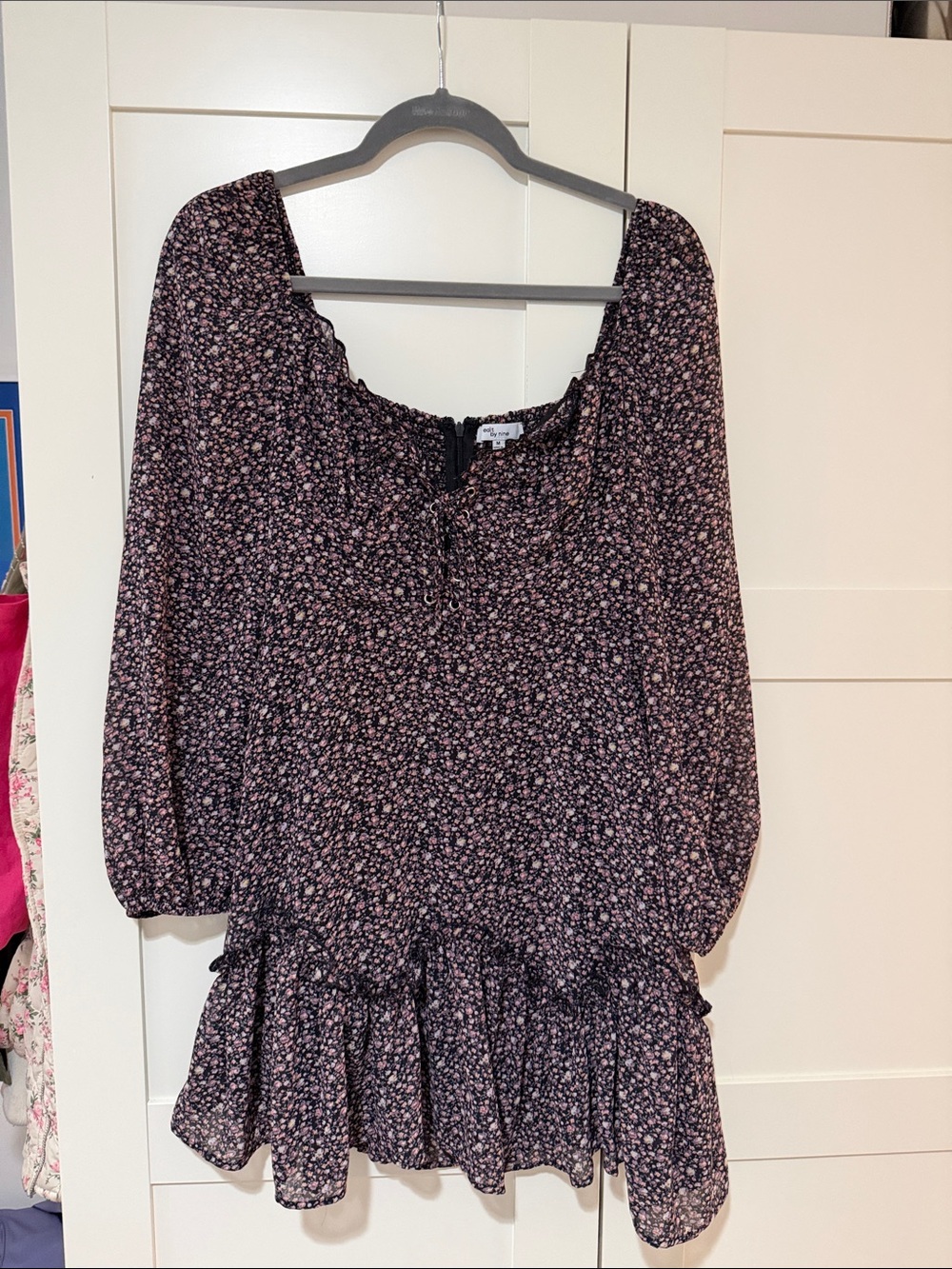Floral Smocked Mini Dress in Black and Pink